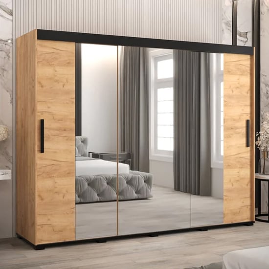 Product photograph of Beilla Ii Mirrored Wardrobe 2 Sliding Doors 250cm In Golden Oak from Furniture in Fashion