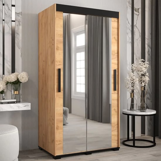 Product photograph of Beilla Iii Mirrored Wardrobe 2 Sliding Doors 100cm In Golden Oak from Furniture in Fashion