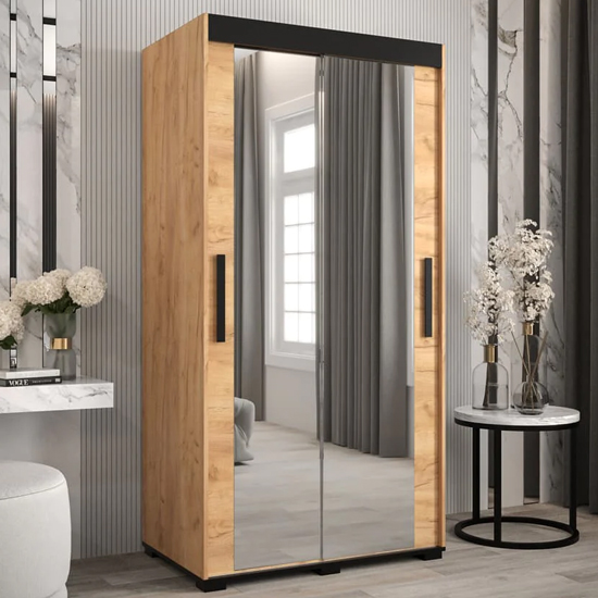 Product photograph of Beilla Iii Mirrored Wardrobe 2 Sliding Doors 100cm In Golden Oak from Furniture in Fashion