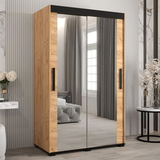 Product photograph of Beilla Iii Mirrored Wardrobe 2 Sliding Doors 120cm In Golden Oak from Furniture in Fashion