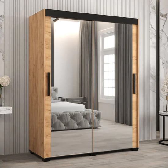 Product photograph of Beilla Iii Mirrored Wardrobe 2 Sliding Doors 150cm In Golden Oak from Furniture in Fashion