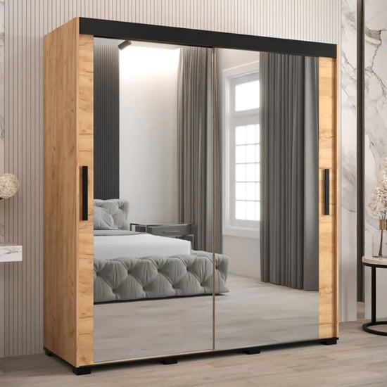 Product photograph of Beilla Iii Mirrored Wardrobe 2 Sliding Doors 180cm In Golden Oak from Furniture in Fashion