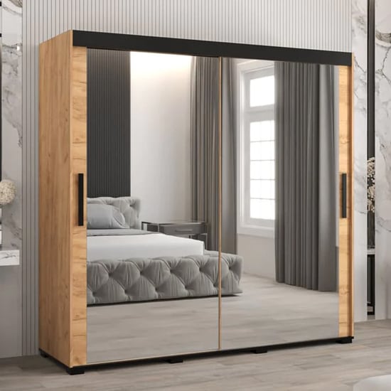 Product photograph of Beilla Iii Mirrored Wardrobe 2 Sliding Doors 200cm In Golden Oak from Furniture in Fashion