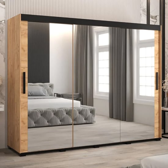 Product photograph of Beilla Iii Mirrored Wardrobe 2 Sliding Doors 250cm In Golden Oak from Furniture in Fashion