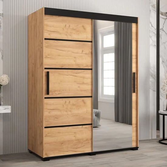 Product photograph of Beilla V Mirrored Wardrobe 2 Sliding Doors 150cm In Golden Oak from Furniture in Fashion