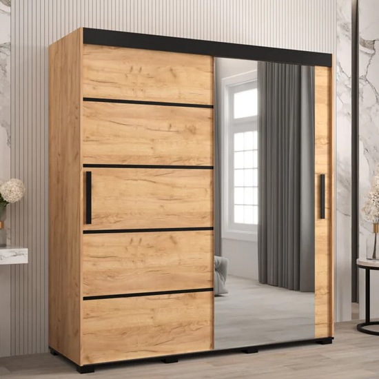 Product photograph of Beilla V Mirrored Wardrobe 2 Sliding Doors 180cm In Golden Oak from Furniture in Fashion