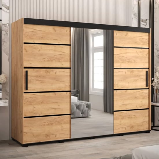 Product photograph of Beilla V Mirrored Wardrobe 2 Sliding Doors 250cm In Golden Oak from Furniture in Fashion
