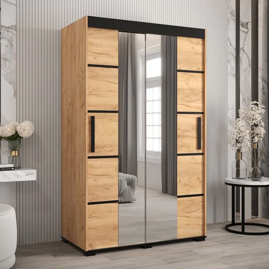 Beilla VI Mirrored Wardrobe 2 Sliding Doors 120cm In Golden Oak