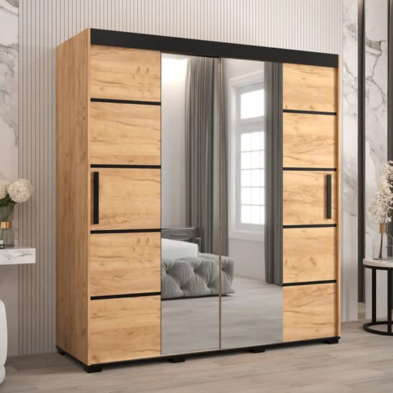 Beilla VI Mirrored Wardrobe 2 Sliding Doors 180cm In Golden Oak