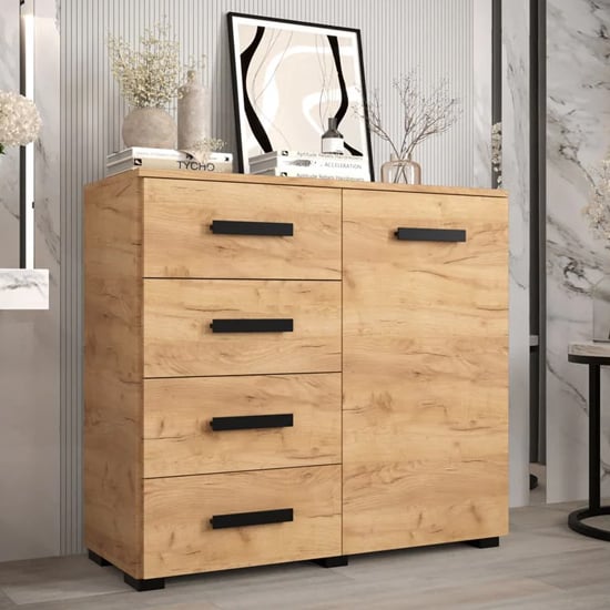 Product photograph of Beilla Wooden Sideboard 1 Door 4 Drawers In Golden Oak from Furniture in Fashion