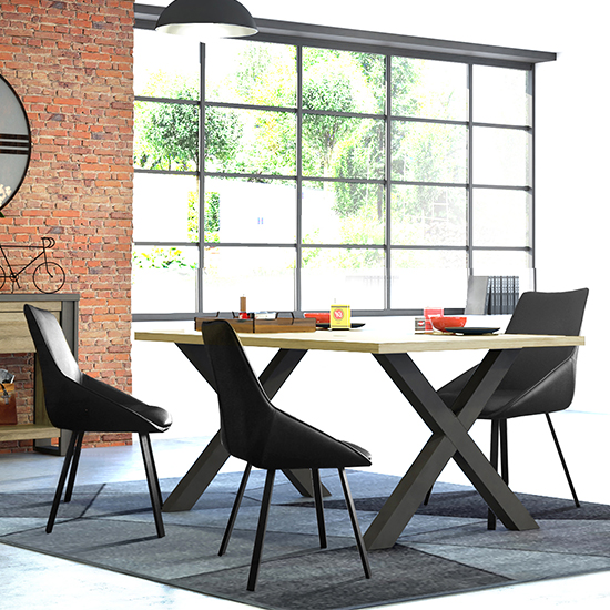 Beira Oak 200cm Wooden Dining Table With 6 Black Chairs Furniture in
