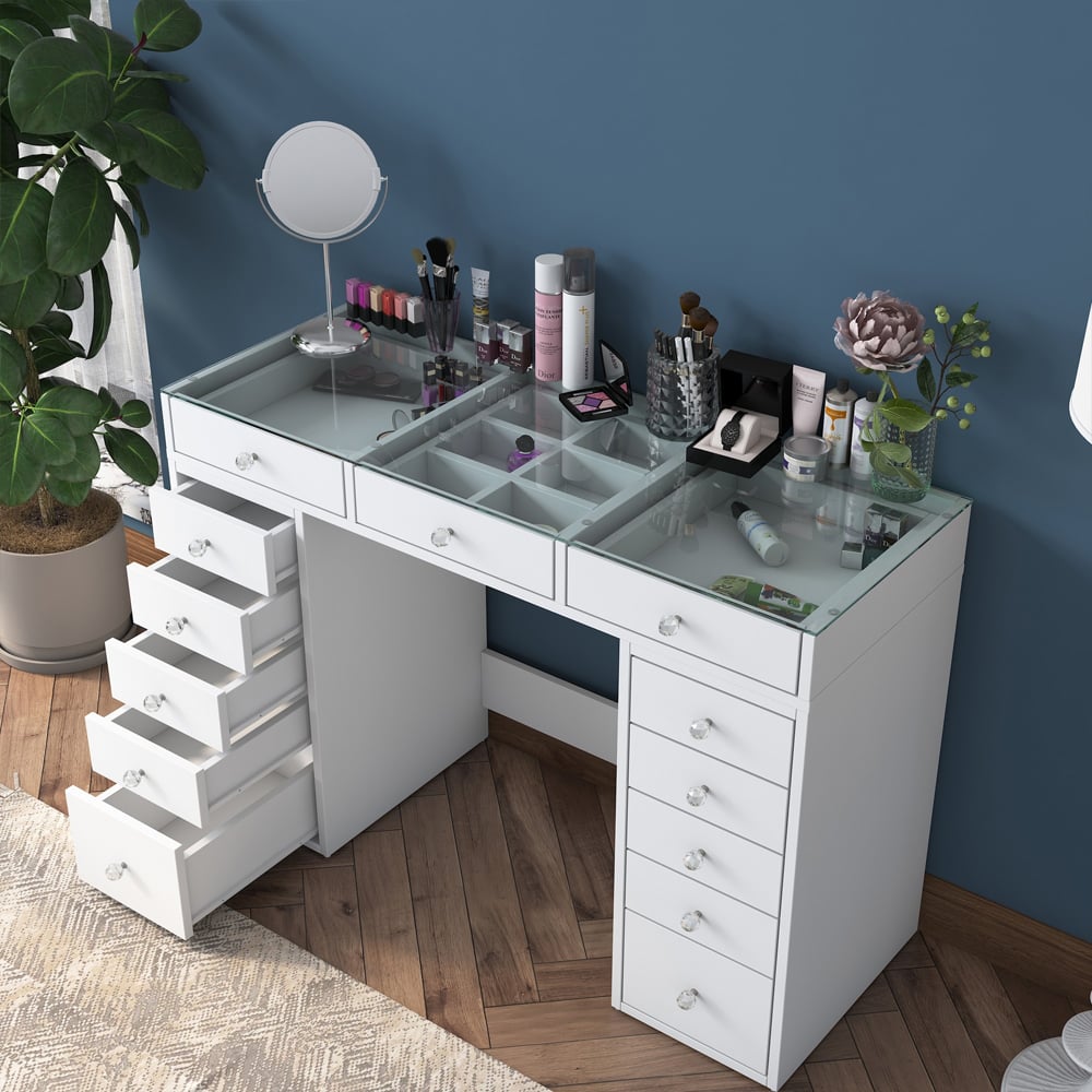 Belara Glass Top Dressing Table With 13 Drawers In White