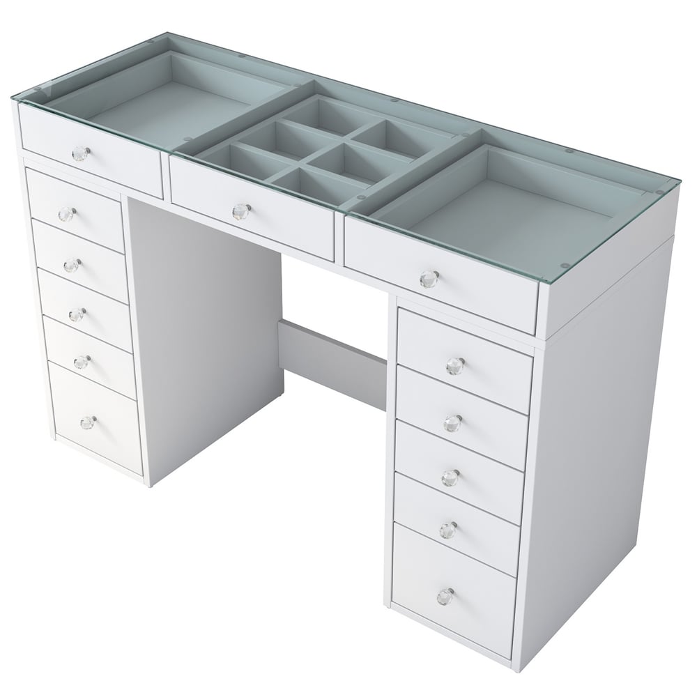Belara Glass Top Dressing Table With 13 Drawers In White