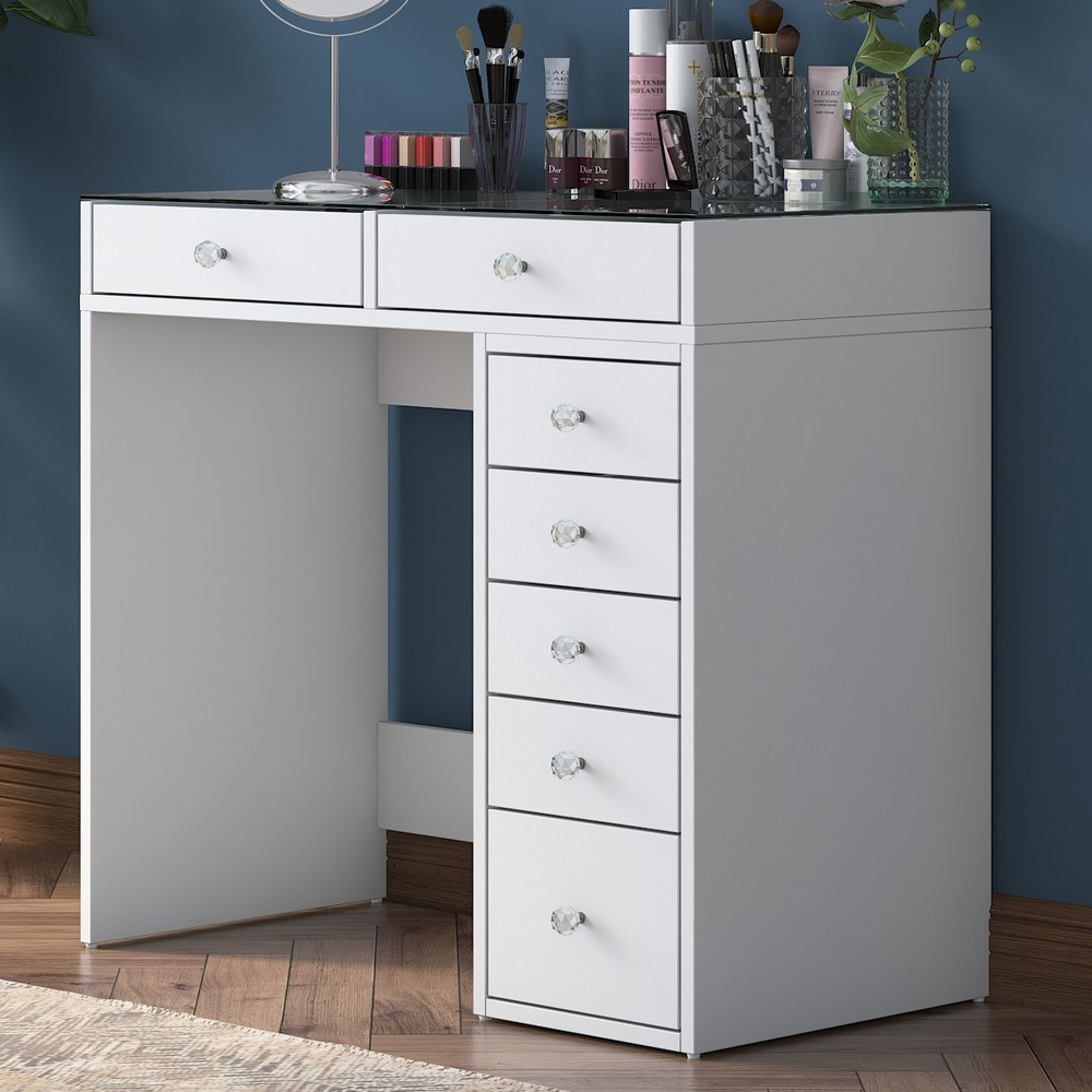 Belara Glass Top Dressing Table With 7 Drawers In White