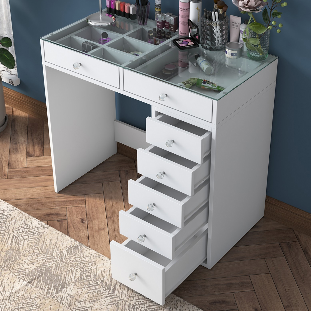 Belara Glass Top Dressing Table With 7 Drawers In White