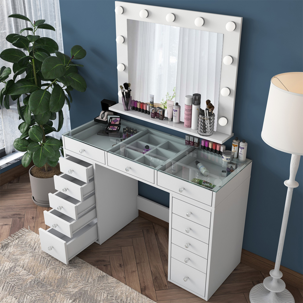 Belara Glass Top Dressing Table With Mirror And 13 Drawers In White