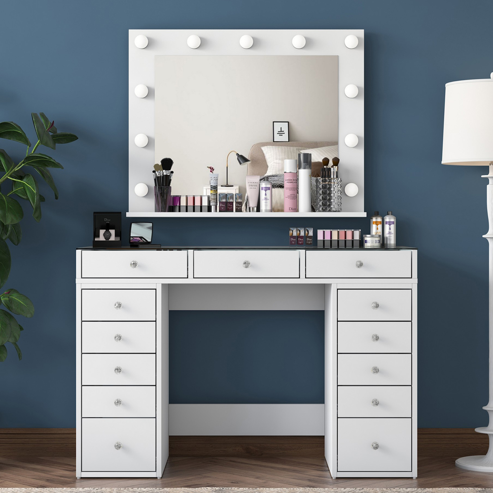 Belara Glass Top Dressing Table With Mirror And 13 Drawers In White