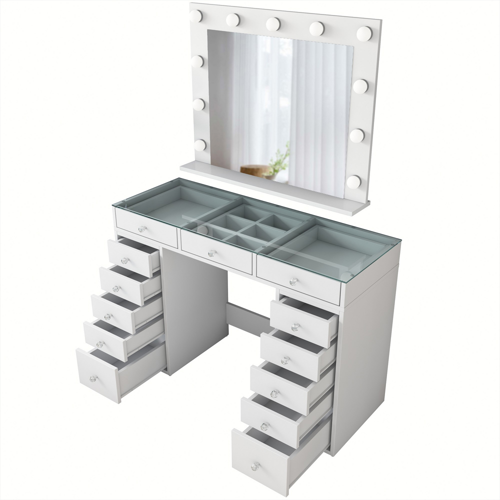 Belara Glass Top Dressing Table With Mirror And 13 Drawers In White