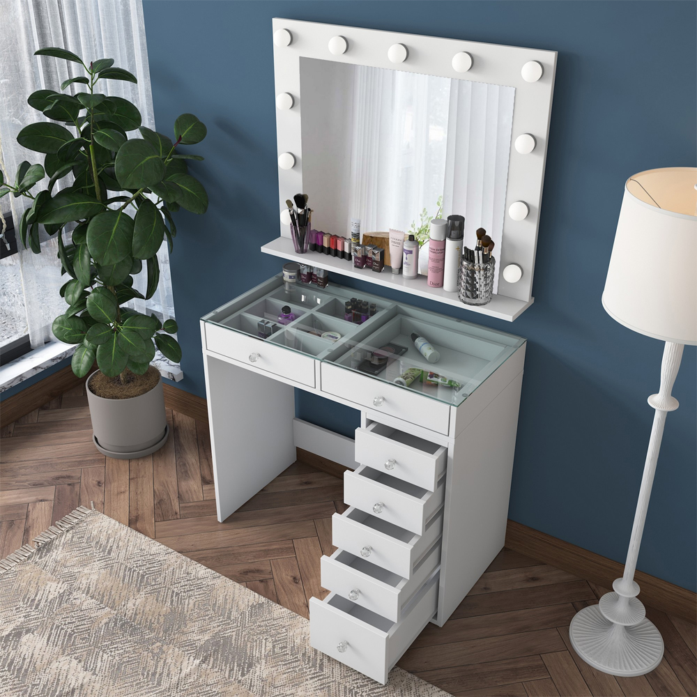 Belara Glass Top Dressing Table With Mirror And 7 Drawers In White