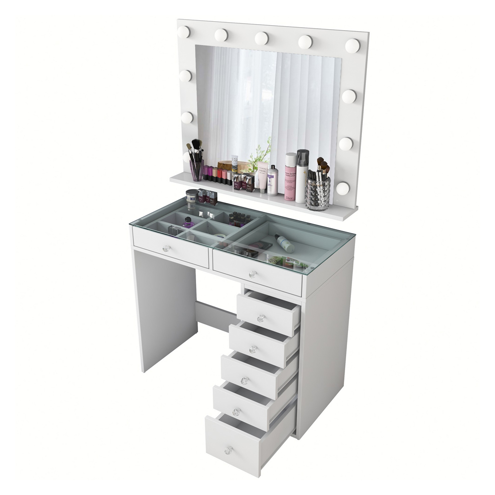 Belara Glass Top Dressing Table With Mirror And 7 Drawers In White