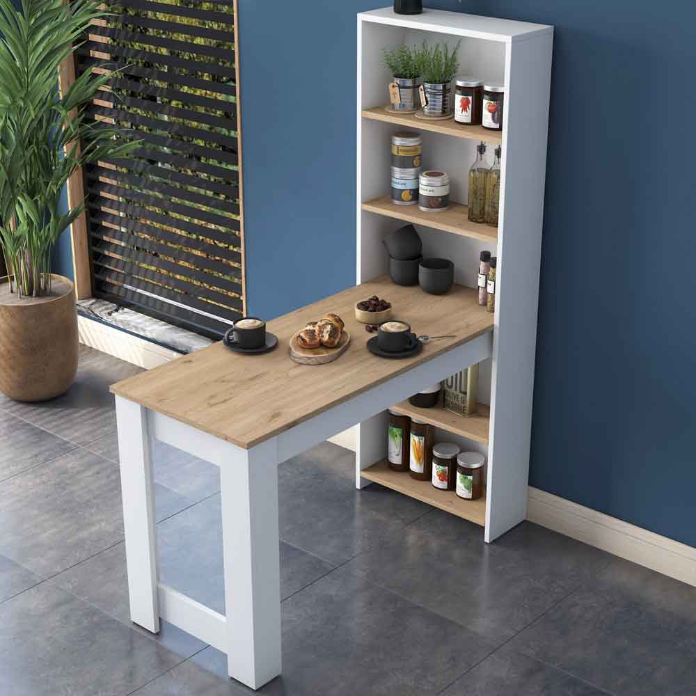Belara Wooden Bar Kitchen Table with 4 Shelves in White and Walnut