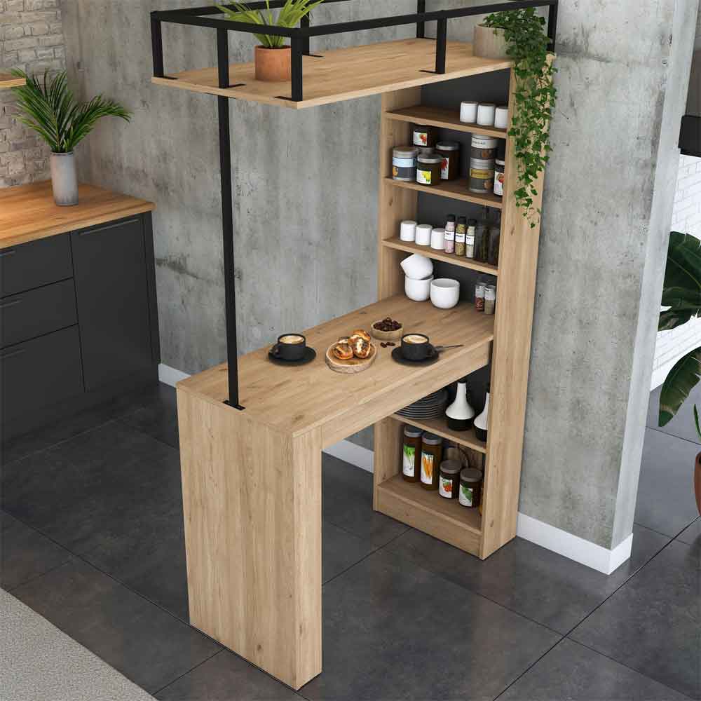 Belara Wooden Bar Kitchen Table with Shelves in Walnut and Black