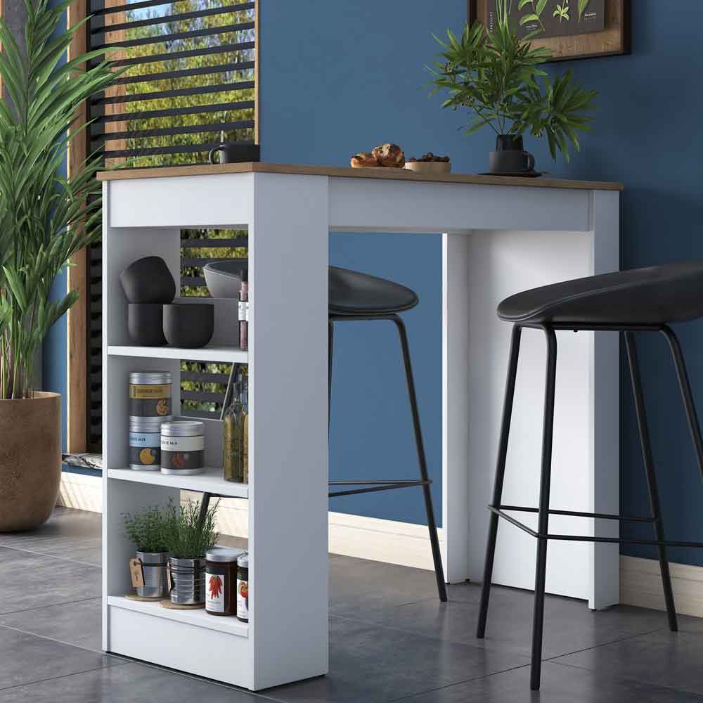 Belara Wooden Bar Table with 3 Shelves in White and Walnut