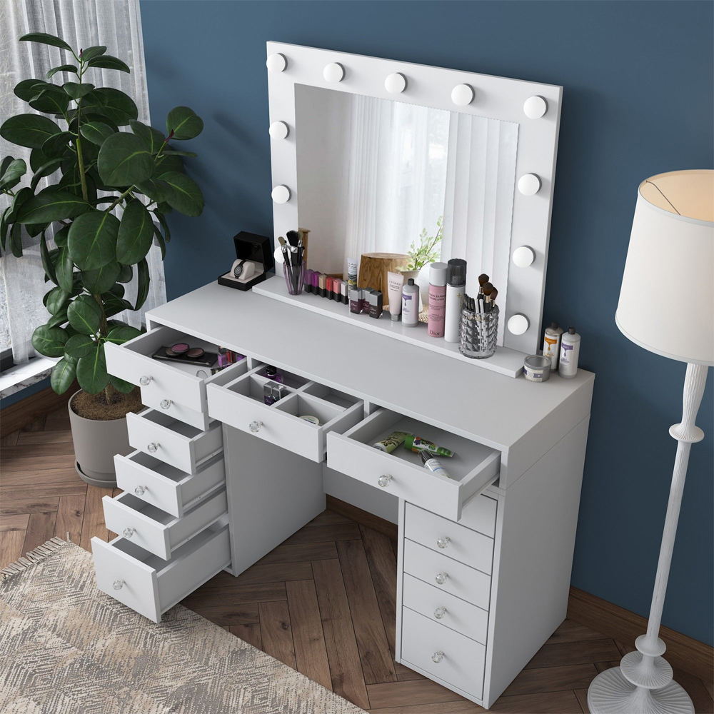 Belara Wooden Dressing Table With Mirror 13 Drawers In White