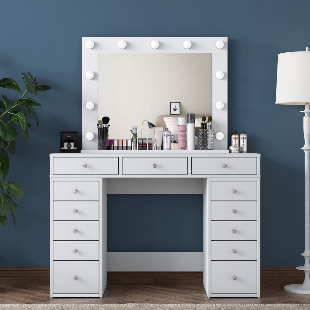 Belara Wooden Dressing Table With Mirror 13 Drawers In White
