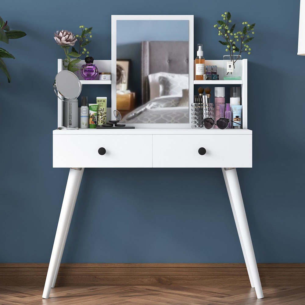 Belara Wooden Dressing Table With Mirror And 2 Drawers In White