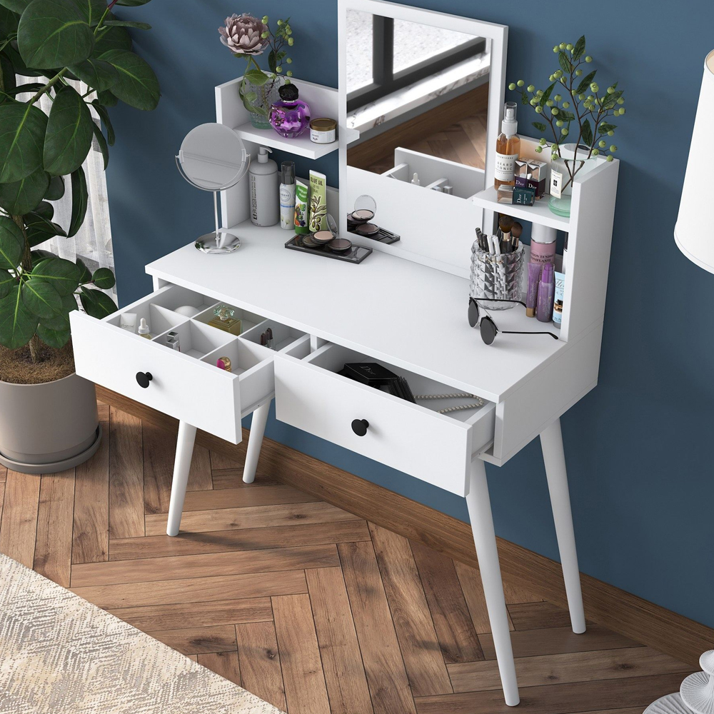 Belara Wooden Dressing Table With Mirror And 2 Drawers In White