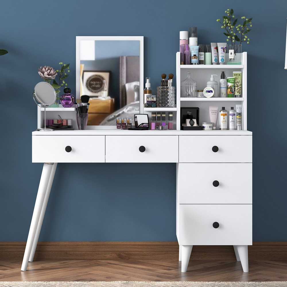 Belara Wooden Dressing Table With Mirror And 5 Drawers In White