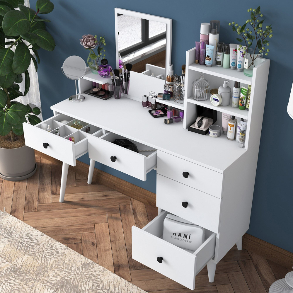 Belara Wooden Dressing Table With Mirror And 5 Drawers In White