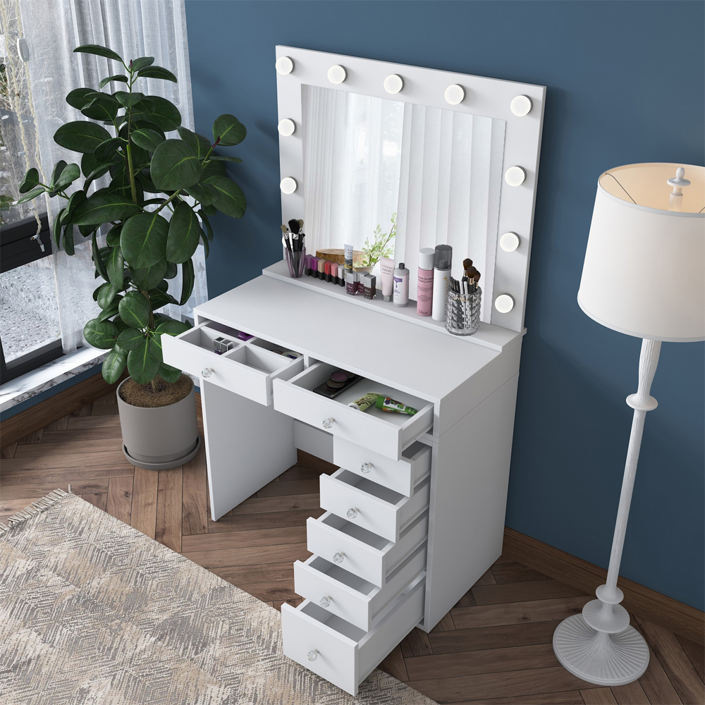 Belara Wooden Dressing Table With Mirror And 7 Drawers In White