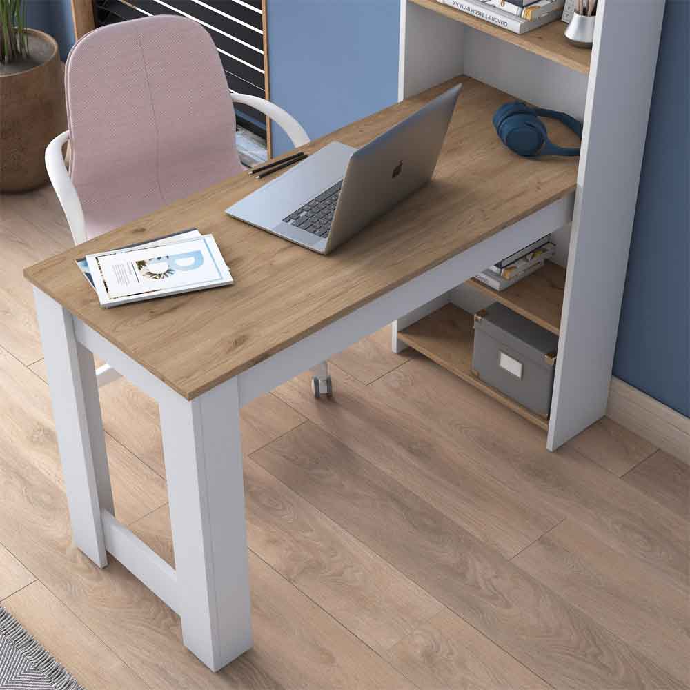 Belara Wooden Laptop Desk with Bookshelf in White and Walnut