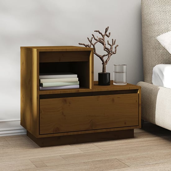 Product photograph of Belay Pinewood Bedside Cabinet With 1 Drawer In Honey Brown from Furniture in Fashion