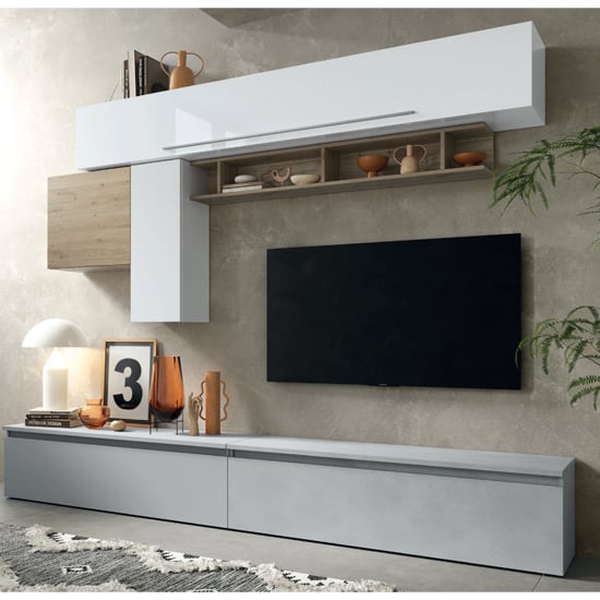 Read more about Belek high gloss entertainment unit in white gesso and cadiz oak