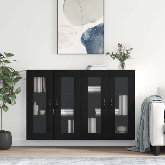 Belek Wooden Wall Mounted Sideboard With 4 Doors In Black thumbnail