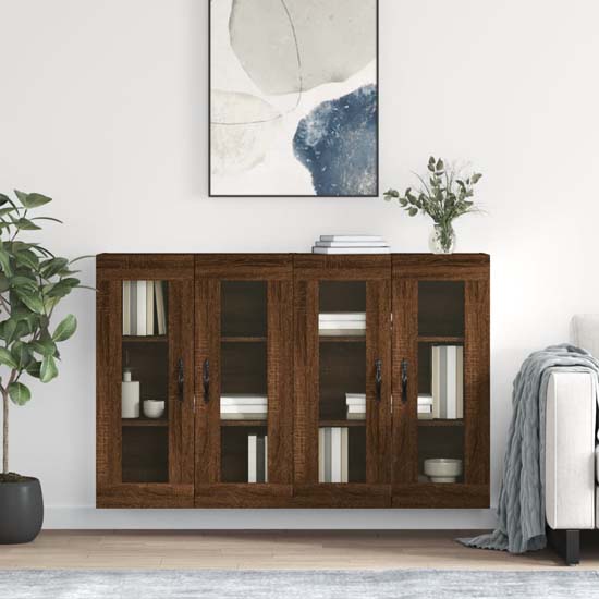 Belek Wooden Wall Mounted Sideboard With 4 Doors In Brown Oak thumbnail