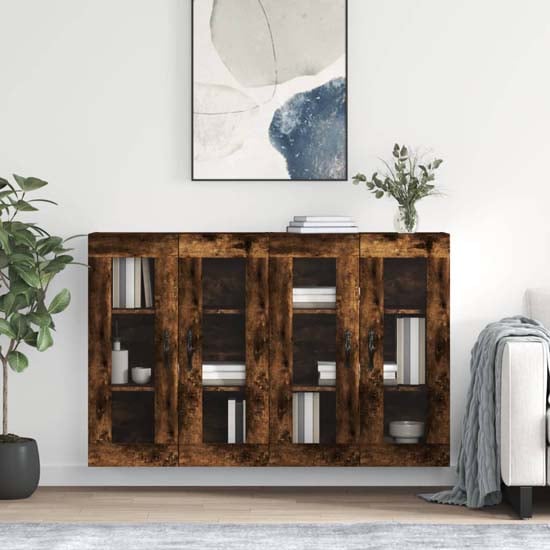 Product photograph of Belek Wooden Wall Mounted Sideboard With 4 Doors In Smoked Oak from Furniture in Fashion