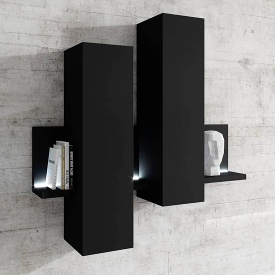 Read more about Belek wooden wall shelving unit in matt black with led