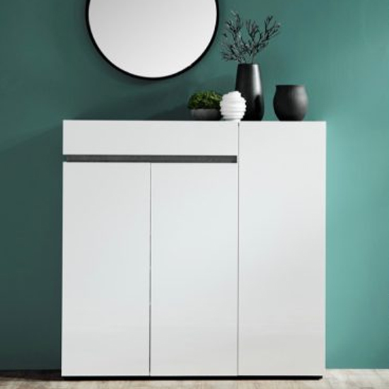 Belfort High Gloss Shoe Cabinet 3 Doors In White And Slate Grey thumbnail