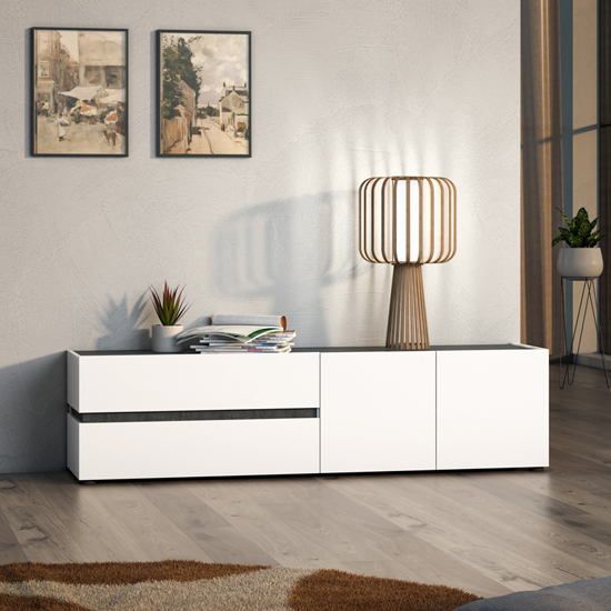 Read more about Belfort high gloss tv stand 2 doors 2 drawers in white slate grey