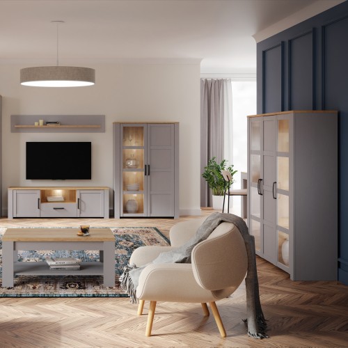 Belgin Wooden Display Cabinet 3 Doors In Grey And Oak