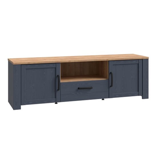 Read more about Belgin wooden tv stand with 2 doors 1 drawer in navy and oak