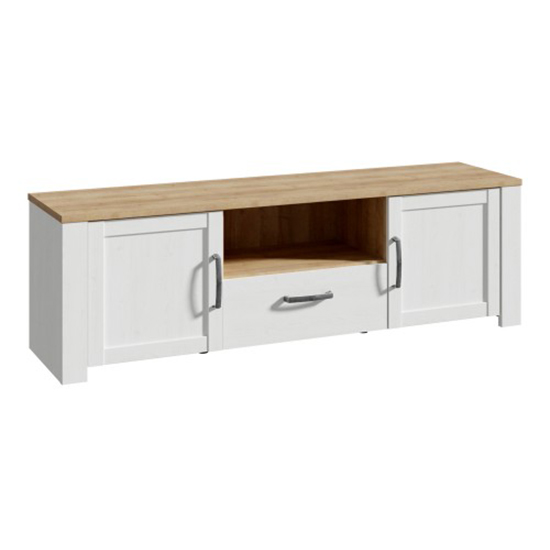 Read more about Belgin wooden tv stand with 2 doors 1 drawer in white and oak
