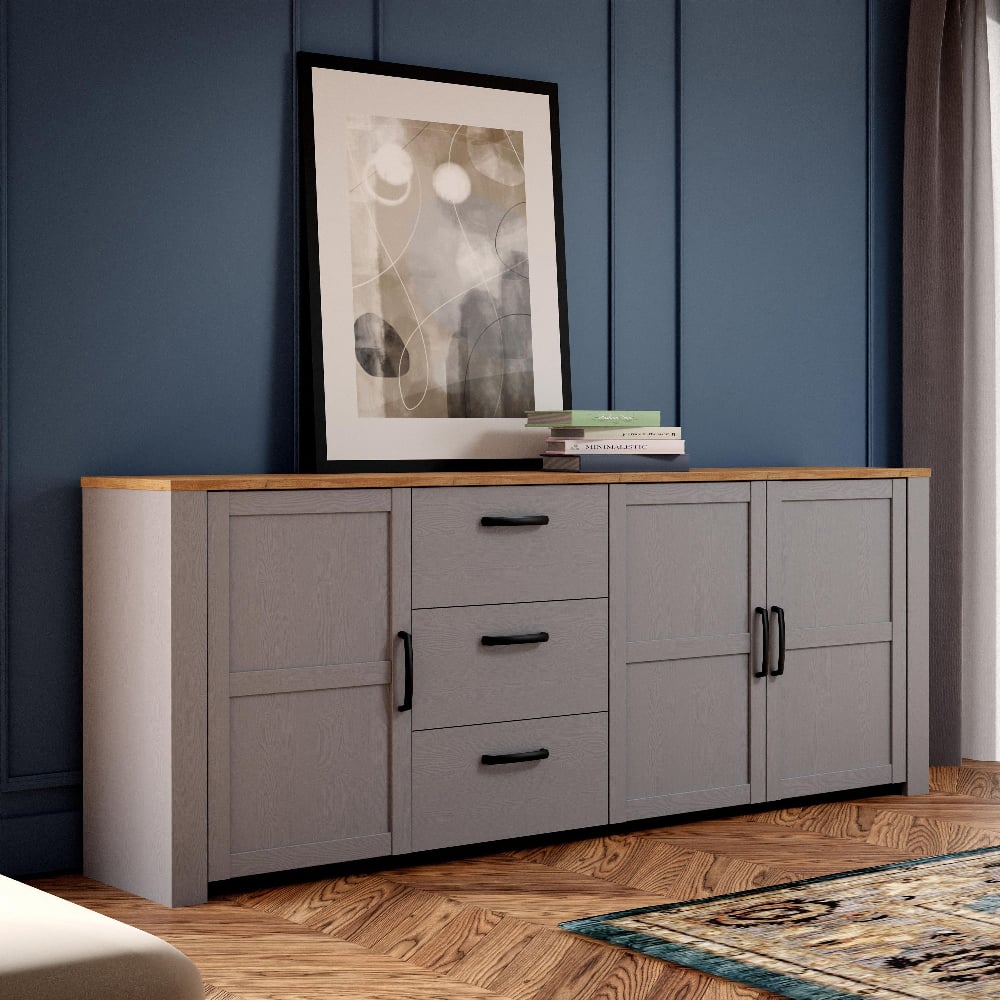 Read more about Belgin wooden sideboard with 3 doors 3 drawers in grey oak