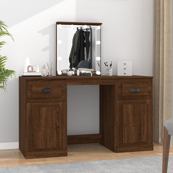 Product photograph of Belicia Wooden Dressing Table In Brown Oak With Mirror And Led from Furniture in Fashion