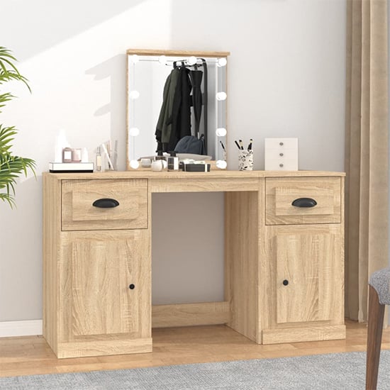 Product photograph of Belicia Wooden Dressing Table In Sonoma Oak With Mirror And Led from Furniture in Fashion