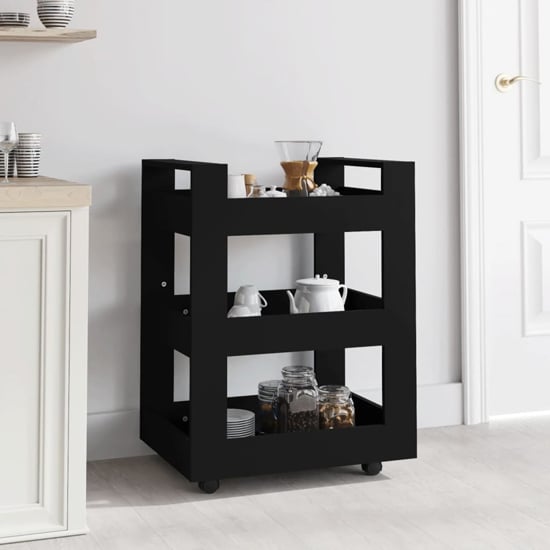 Belicia Wooden Kitchen Trolley With 3 Shelves In Black